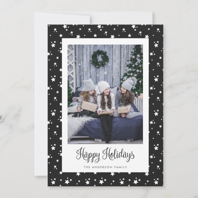 Cute Custom Black Stars Photo Holiday Card (Front)