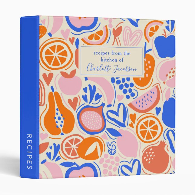 Cute Custom Blue Orange Pink Fruit Kitchen Recipe Binder (Front/Spine)