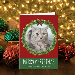 Cute Custom Cat Merry Christmas Wreath Red Holiday Card