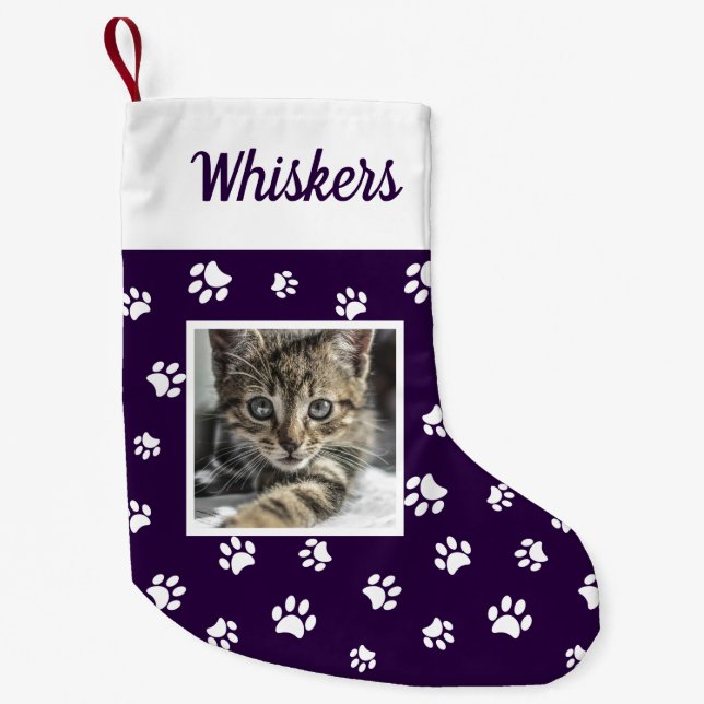 Cute Custom Cat Photo Name Purple White Paws Small Christmas Stocking (Front)