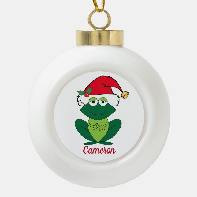 Cute Custom Christmas Frog Ceramic Ball Christmas Ornament (Front)
