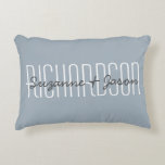 Cute Custom Couple Names Typography Modern Blue Accent Pillow<br><div class="desc">Add first and last names to typography pillow. Text is added to Blue updated colour palette with white font. Colour of background and fonts are easily changed in design tool section.  Email me at beachpausedesigns.com if you have questions about this or any of our designs.</div>