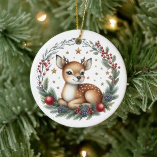 Cute Custom Deer Christmas Ceramic Ornament