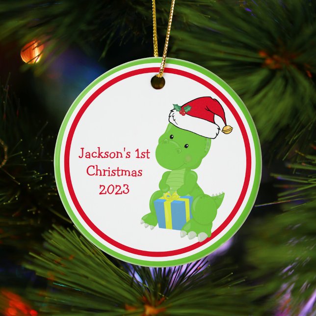 Cute Custom Dinosaur Baby's 1st Christmas Ceramic Ornament (Creator Uploaded)