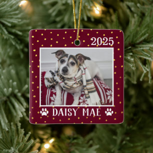 Cute Custom Dog Name Year Paw Prints Holiday Ceramic Ornament
