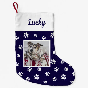 Cute Custom Dog Photo Name Blue White Paws Small Christmas Stocking