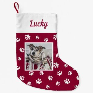 Cute Custom Dog Photo Name Red White Paws Small Christmas Stocking