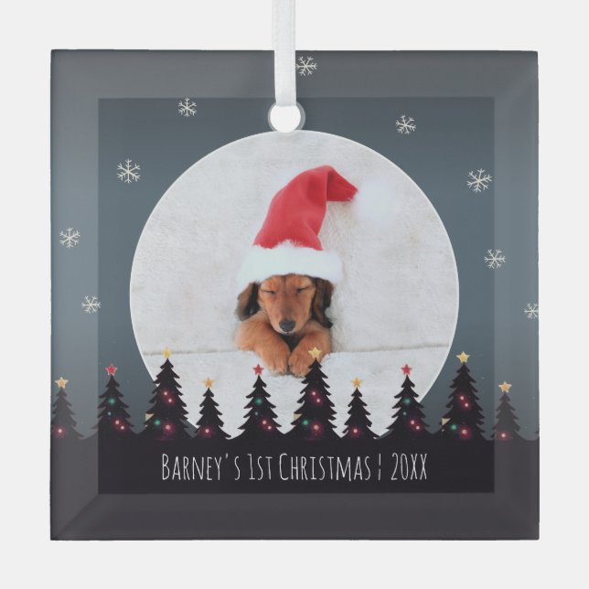 Cute Custom First Christmas Puppy Photo Template Glass Ornament (Front)