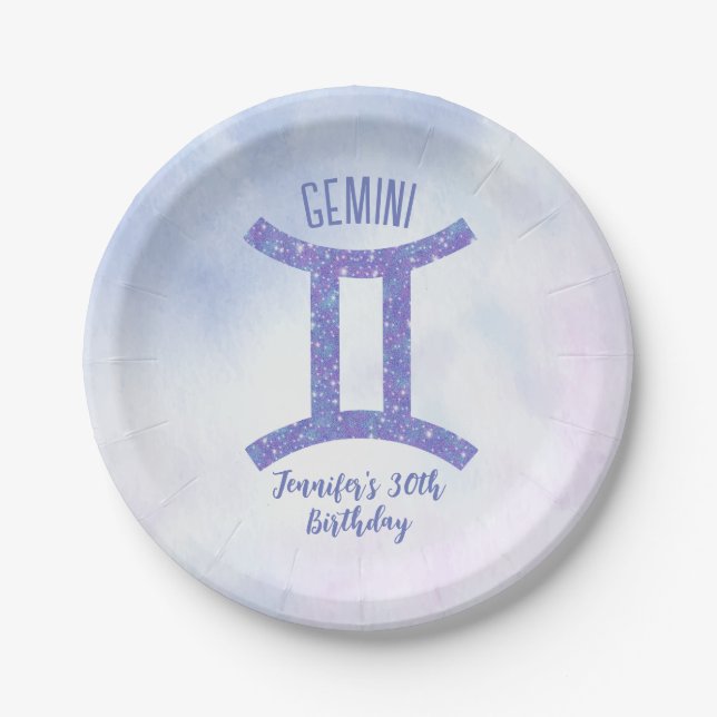 Cute Custom Gemini Sign Purple Birthday Party Paper Plate (Front)