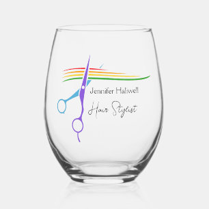 Cute Custom Hair Stylist Rainbow Scissors Salon Stemless Wine Glass