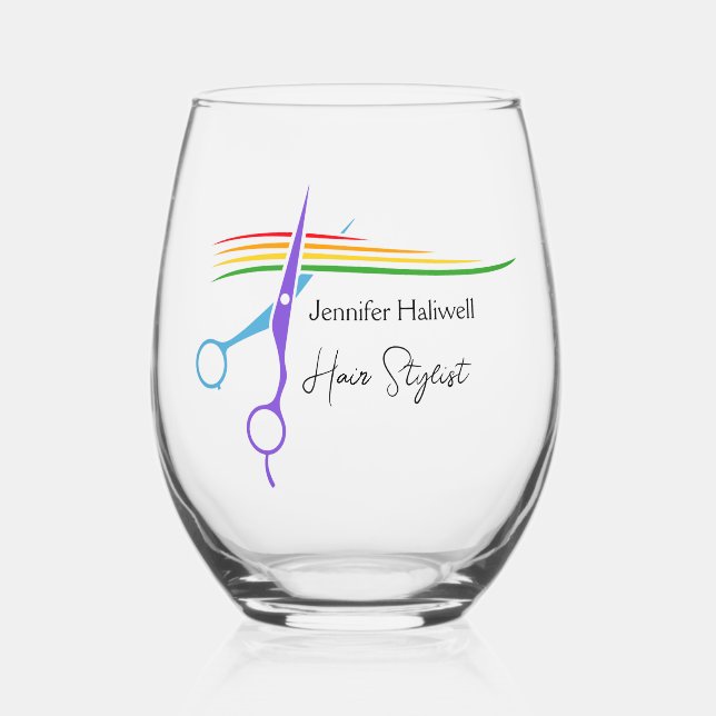 Cute Custom Hair Stylist Rainbow Scissors Salon Stemless Wine Glass (Front)