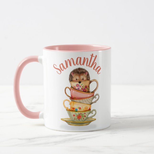 Cute Custom Hedgehog and Colourful Teacups Mug (Left)