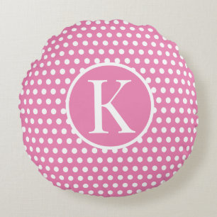 Cute Custom initial letter Polka Dot Pink Round Pillow