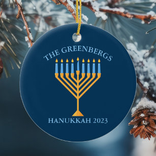 Cute Custom Jewish Family Menorah Blue Hanukkah Ceramic Ornament