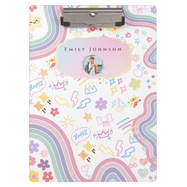 Cute Custom Kid Name & Photo Colourful  Clipboard (Front)