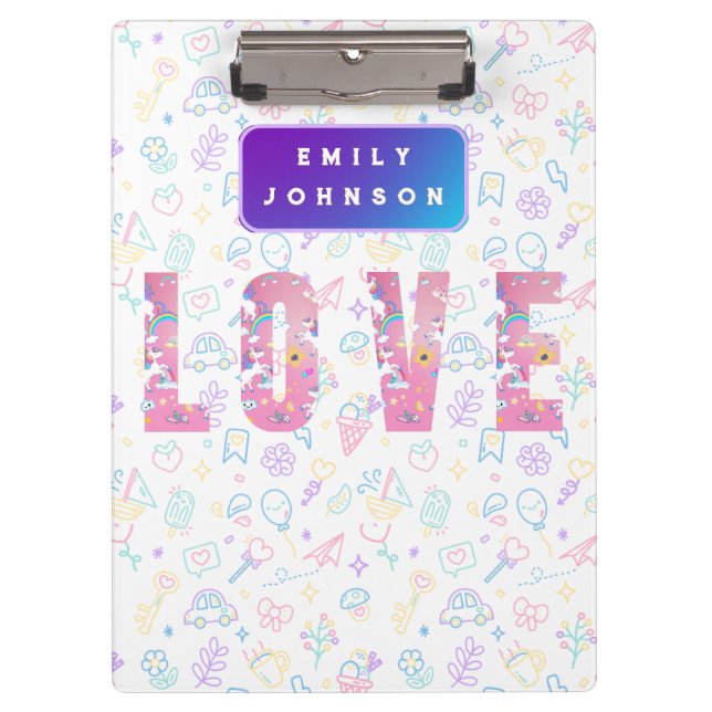 Cute Custom  Kid’s Name Colourful Patterns Clipboard (Front)