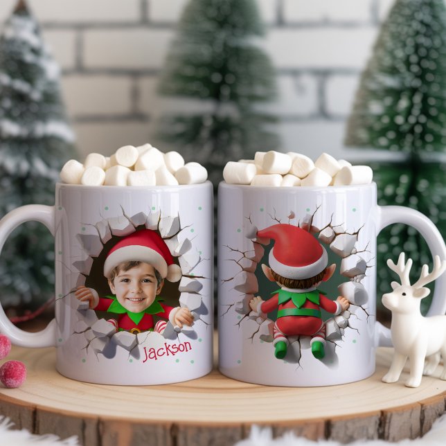 Cute Custom Kids Face Photo Funny Elf Christmas Coffee Mug (Fun and funny Custom Kids Face Photo cute Elf crashing front and back side Christmas Coffee Mug Cups)