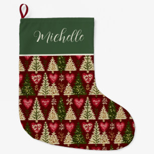 Cute Custom Knitted Style Christmas Trees Pattern  Large Christmas Stocking