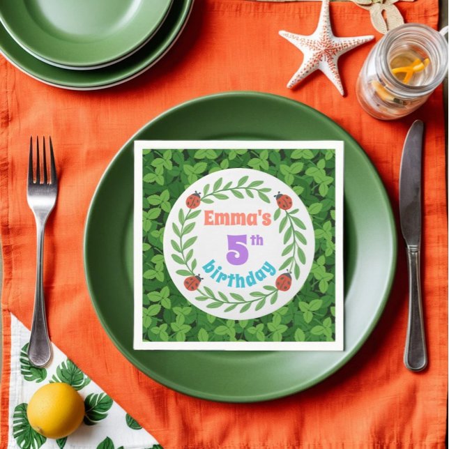 Cute Custom Ladybug & Leaf 5th Birthday Napkin (Creator Uploaded)