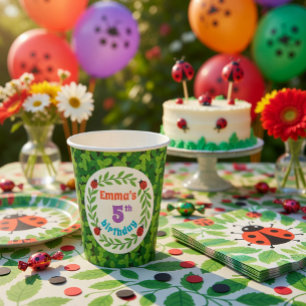 Cute Custom Ladybug & Leaf 5th Birthday Paper Cups