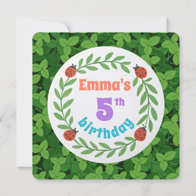 Cute Custom Ladybug & Leaf 5th Birthday Thank You Card (Front)