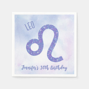 Cute Custom Leo Astrology Purple Birthday Party Napkin