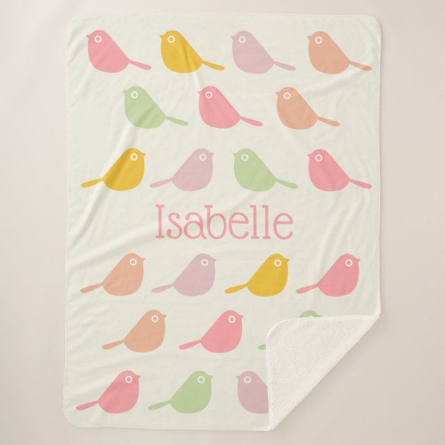 Cute Custom Little Birds Pastel Colors Girl's Sherpa Blanket (Front)