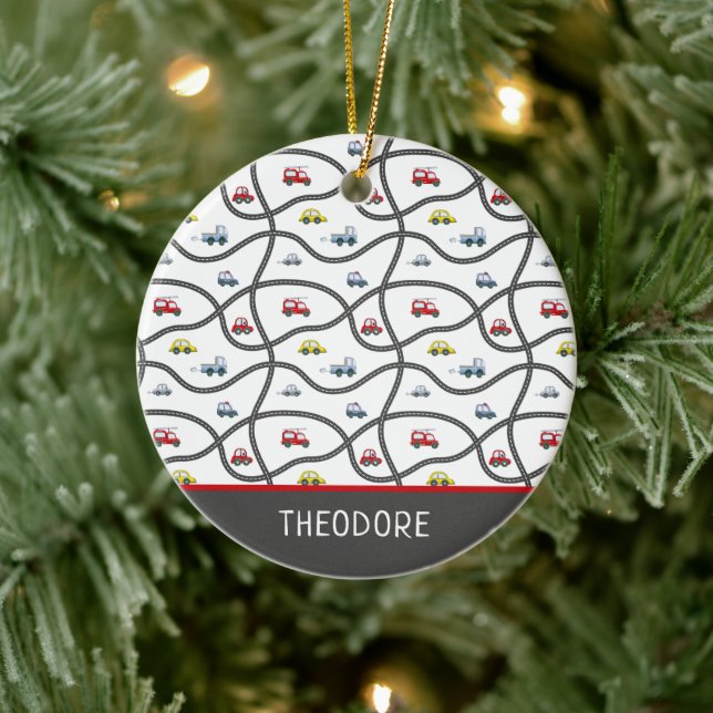 Cute Custom Little Boy's Name Car Christmas Ceramic Ornament (Tree)