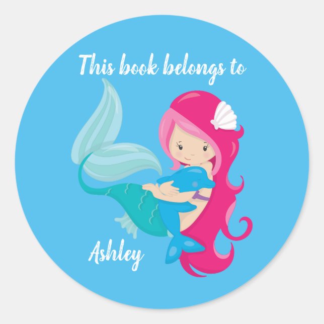 Cute Custom Mermaid Beach This Book Belongs To Classic Round Sticker (Front)