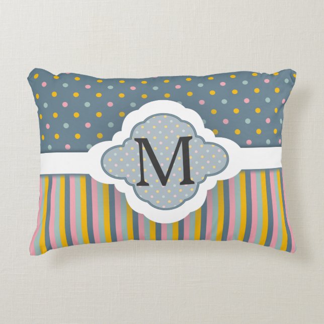 Cute Custom Monogram Polka Dot Stripes Pattern Decorative Pillow (Front)