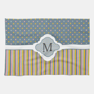 Cute Custom Monogram Polka Dot Stripes Pattern Kitchen Towel