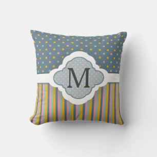 Cute Custom Monogram Polka Dot Stripes Pattern Throw Pillow