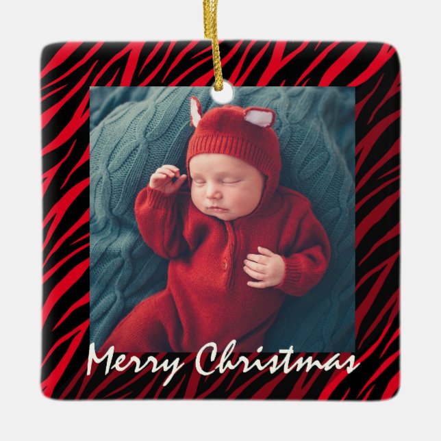 Cute Custom Name And Photo Red Zebra Christmas Ceramic Ornament (Front)