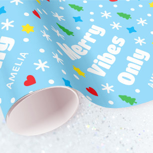 Cute Custom Name Holiday Retro Blue Christmas Wrapping Paper
