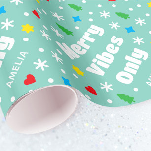 Cute Custom Name Holiday Retro Green Christmas Wrapping Paper