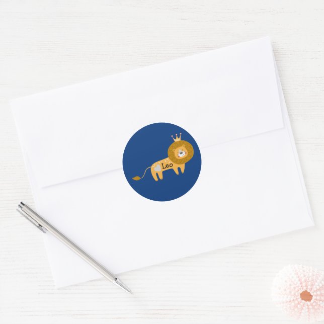Cute Custom Name Lion with Crown and Heart Blue Classic Round Sticker (Envelope)