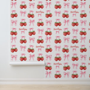 Cute Custom Name Pink Bow & Strawberry Coquette  Wallpaper