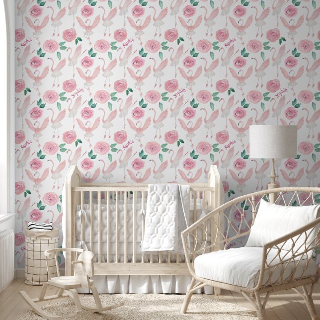 Cute Custom Name Pink Flamingo Ballerina Floral Wallpaper (Kids)
