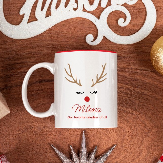 Cute Custom Name Reindeer Holiday Christmas Two-Tone Coffee Mug (Creator Uploaded)