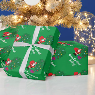 Cute Custom Name Santa Claus Christmas Tree Green Wrapping Paper