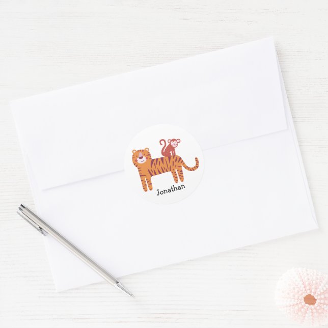 Cute Custom Name Tiger with Monkey on the Back  Classic Round Sticker (Envelope)
