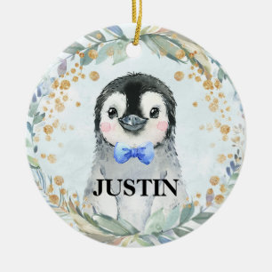 Cute Custom Name Watercolor Penguin Greenery Ceramic Ornament