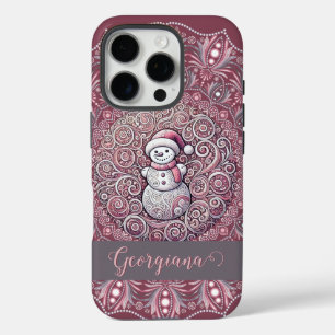 Cute Custom Name Whimsical Pink Snowman Mandala iPhone 16 Pro Case