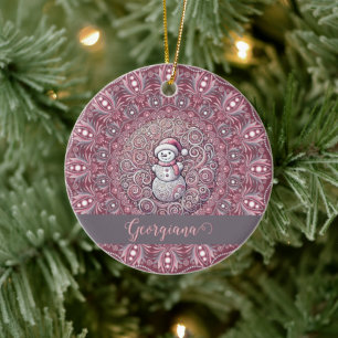 Cute Custom Name Whimsical Pink Snowman Mandala Ceramic Ornament