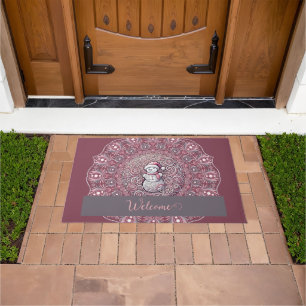 Cute Custom Name Whimsical Pink Snowman Mandala Doormat