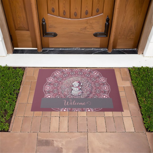 Cute Custom Name Whimsical Pink Snowman Mandala Doormat (Outdoor)