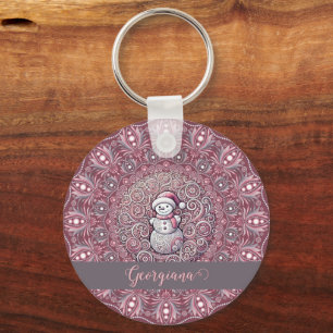 Cute Custom Name Whimsical Pink Snowman Mandala Keychain