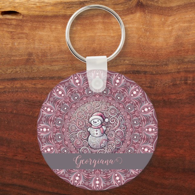 Cute Custom Name Whimsical Pink Snowman Mandala Keychain (Front)
