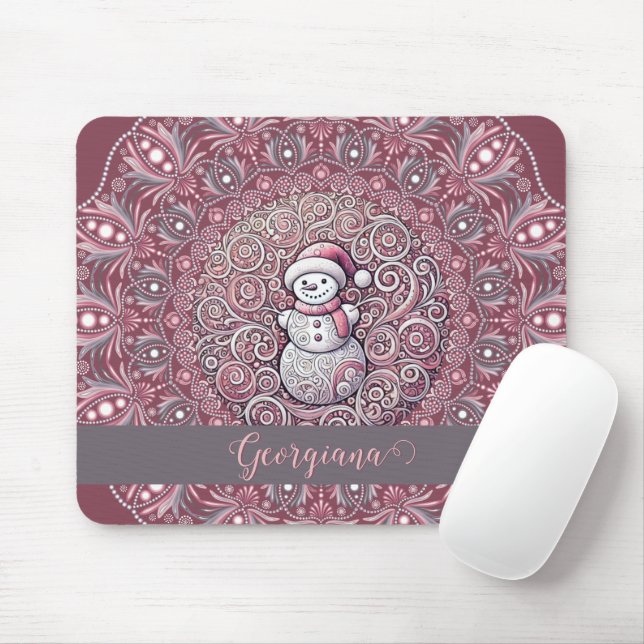 Cute Custom Name Whimsical Pink Snowman Mandala Mouse Pad (With Mouse)