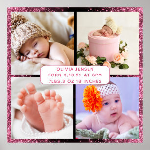 Cute Custom Newborn Baby Girl Birth Stats 4 photo Poster